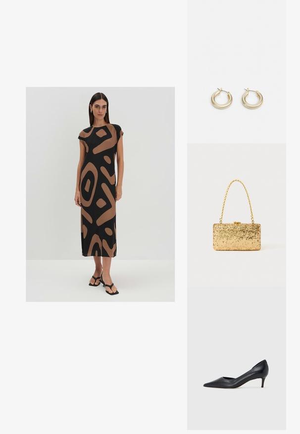 Schwarzes Kleid mit braunem abstraktem Muster, kurzen Ärmeln und gerader Silhouette, aus einem glatten Stoff, bis zur Mitte der Waden reichend.; Schwarzer Pumps aus Leder mit spitzer Zehenpartie und niedrigem Absatz. Verfügt über eine glatte Textur und dezenten Glanz. Vordere Öffnung für ein zusätzliches Detail.; Goldene Pailletten-Clutch mit rechteckiger Form, ausgestattet mit einem gedrehten Kettenhenkel und einem Metallverschluss, der das Licht mit einer strukturierten Oberfläche reflektiert.; Lauren Ralph Lauren BASIC SMALL HOOP - Ohrringe - gold-coloured