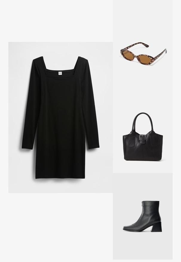 Svart langermet kjole med firkantet halsutringning, laget av et glatt og elastisk stoff. Enkel, tettsittende design uten ekstra mønstre eller detaljer.; Sorte skinnankelsko med firkantet tå, glidelås på siden og blokkhæl mot en vanlig lys bakgrunn.; Skilpaddeskall solbriller med ovale linser, brunfargede, tynne stenger med teksturert mønster, lett plastisk ramme.; Svart skinn toteveske med jevn tekstur, strukturert form, to håndtak og en fremtredende sølvspenne foran.