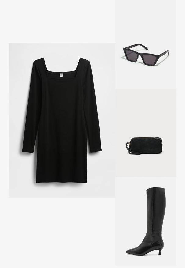 Schwarzes langärmliges Kleid mit quadratischem Ausschnitt, gefertigt aus einem glatten, elastischen Stoff. Schlichtes, figurbetontes Design ohne zusätzliche Muster oder Akzente.; Zign Stiefel - black; Schwarze, eckige Sonnenbrille mit grauen Gläsern; aus Kunststoff gefertigt, mit dicken Bügeln, die eine glatte Oberfläche und keine sichtbaren Beschläge haben.; Schwarze Wildleder-Clutch mit einem Reißverschluss und abnehmbarem Handgelenkband. Verfügt über goldfarbene Hardware und eine glatte, matte Oberfläche.