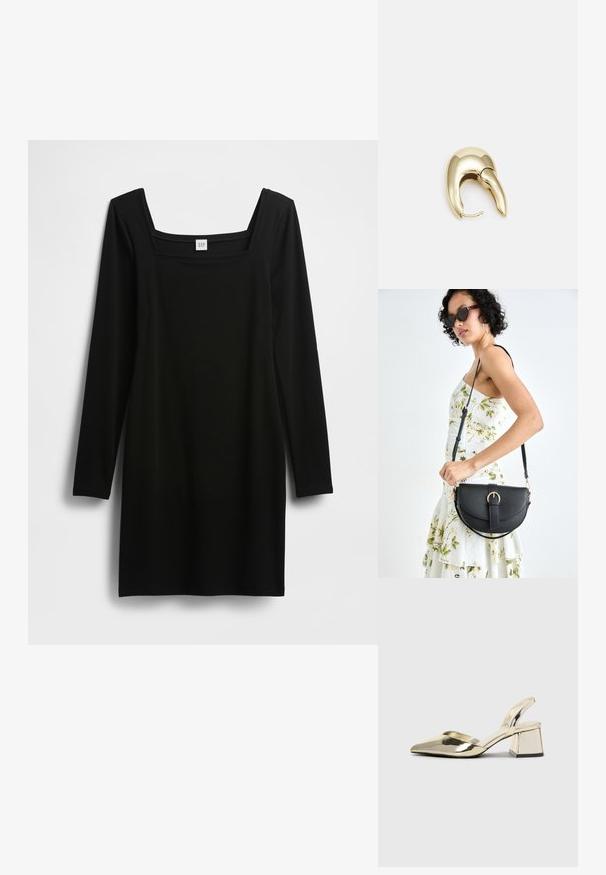 Mustast siidiselt venivast kangast musta pika varrukaga kleit ruudukujulise kaelusega. Lihtne, keha järgnev disain ilma lisamustrite või detailideta.; Kuldne, metallilised slingback-kudumid terava varba ja paksu kontsaga. Sile tekstuur, minimalistlik disain ja kitsas rihm.; Mustmust mustraha kõverate joontega, eemaldatava rihmaga ja kuldsete detailidega. Kotil on klapp, millel on pandladetail.; Kuldtooni metallist kõrvarõngas, millel on elegantne ja kaarjas disain. Omab silmapaistvat teravat kuju, poleeritud pinda ja hingesulgemist.