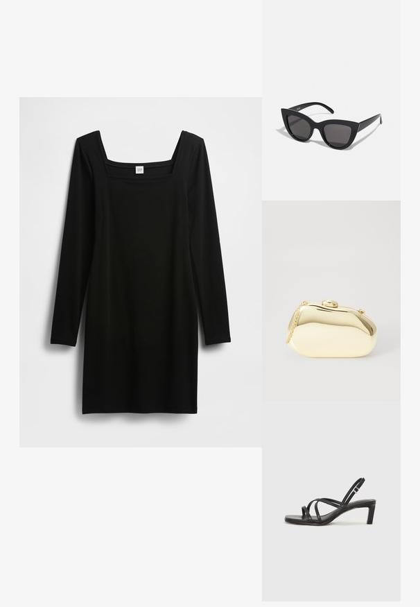 Schwarzes langärmliges Kleid mit quadratischem Ausschnitt, gefertigt aus einem glatten, elastischen Stoff. Schlichtes, figurbetontes Design ohne zusätzliche Muster oder Akzente.; Schwarze Sandale mit Riemchen, quadratischer Zehenform und niedrigem Blockabsatz. Verfügt über mehrere dünne Riemen und einen verstellbaren Knöchelriemen. Hergestellt aus glattem Leder.; Schwarze Cat-Eye-Sonnenbrille mit matter Oberfläche, grauen getönten Gläsern, scharfen Kanten und schlanken Bügeln. Der Markenname ist auf dem inneren Bügel sichtbar.; Metallisch goldene Clutch mit einer glatten, abgerundeten Form, ausgestattet mit einem oberen Druckknopfverschluss und einem kleinen Kettenriemen zum Tragen.