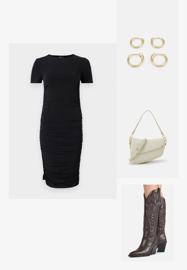 Čierne šaty s krátkymi rukávmi vyrobené z elastického materiálu, s bočnými zúženiami a okrúhlym výstrihom, s priliehavým strihom.; Hnedé kožené kovbojské topánky s špicatou špičkou a blokovým podrážkou, so zložitým prešívaním a vyvýšenými akcentmi na puzdre.; Malá krémová kabelka s textúrovaným povrchom, dlhým nastaviteľným popruhom, reťazovým detailom a klopovým uzáverom. Zlaté kovové prvky.; Zlaté kruhové náušnice, štyri kusy, hladký povrch, zaoblený dizajn, rôzne veľkosti, s pántovým uzáverom pre jednoduché nosenie.