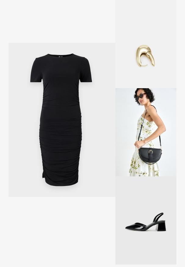 Czarna sukienka z krótkim rękawem, wykonana z elastycznego materiału, z bocznymi marszczeniami i okrągłym dekoltem, o dopasowanej sylwetce.; Czarne lakierowane półbuty na obcasie z wydłużonym noskiem i geometrycznym słupkiem. Charakteryzują się eleganckim, minimalistycznym designem oraz gładką fakturą.; Czarna skórzana torebka o zakrzywionym kształcie, z odpinanym paskiem i złotymi akcentami. Torebka posiada klapę z zapięciem w kształcie klamry.; Złote metalowe kolczyki o eleganckim, zakrzywionym kształcie. Posiadają charakterystyczny szpiczasty kształt, polerowaną powierzchnię oraz zapięcie na zawias.