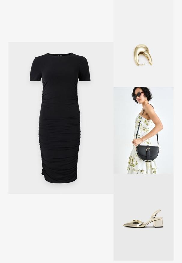 Must muströökidega must kleit, mis on valmistatud venivast kangast, kõrvaliste volangide ja ümmarguse kaelusega, millel on kehakujuline siluett.; Kuldne, metallilised slingback-kudumid terava varba ja paksu kontsaga. Sile tekstuur, minimalistlik disain ja kitsas rihm.; Mustmust mustraha kõverate joontega, eemaldatava rihmaga ja kuldsete detailidega. Kotil on klapp, millel on pandladetail.; Kuldtooni metallist kõrvarõngas, millel on elegantne ja kaarjas disain. Omab silmapaistvat teravat kuju, poleeritud pinda ja hingesulgemist.