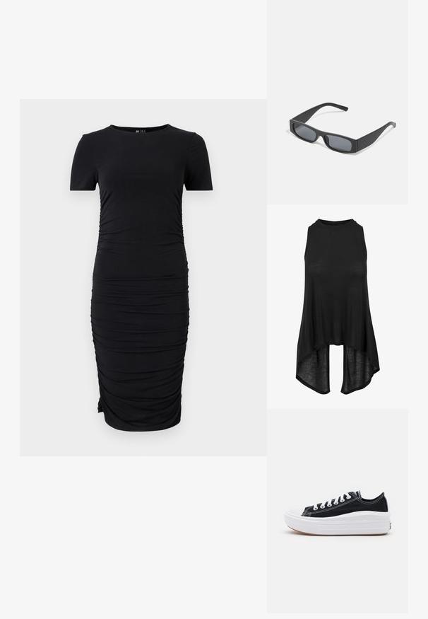 Robe noire à manches courtes en tissu extensible, avec fronces sur les côtés et un col rond, présentant une silhouette ajustée.; Haut sans manches noir avec un col montant, en tissu léger, coupe décontractée, et un ourlet asymétrique plus long à l'arrière.; Baskets en toile noires avec des lacets blancs, un embout en caoutchouc blanc et une semelle intermédiaire blanche épaisse. Présentent des coutures blanches discrètes et une semelle en gomme.; Lunettes de soleil noires rectangulaires avec des verres foncés et des montures en mat épais. Les branches sont légèrement effilées avec une texture lisse.