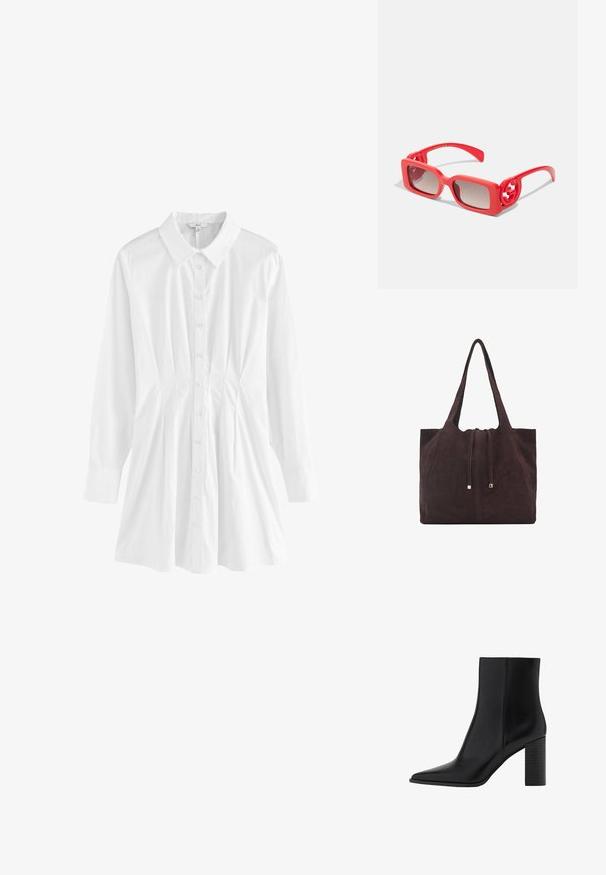 Cămașă albă cu guler, mâneci lungi și detalii plisate pe laterale. Confecționată dintr-un material ușor, cu o textură netedă.; Botine negre din piele cu vârf ascuțit, toc pătrat, textură netedă și detalii de cusătură de-a lungul jantelor. Toții au o înălțime de aproximativ 3,5 inci.; Ochelari de soare din plastic roșu, cu rame pătrate, lentile cu un gradient și accente cu logo circular pe brate. Textură netedă cu un finisaj lucios.; Mango Geantă de pânză - dark brown