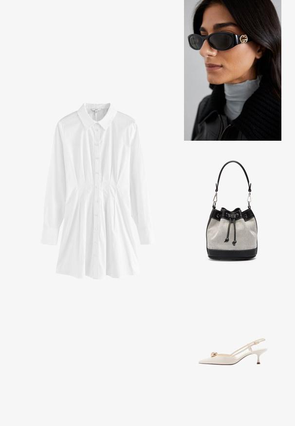 Bílá košile s knoflíky a límečkem, dlouhými rukávy a skládaným detailem na bocích. Vyrobena z lehké látky s hladkým povrchem.; Krémově zbarvená slingback bota s špičatou špičkou, tenkými pásky a zlatým akcentem na nártu. Má nízký, úzký podpatek.; Černé sluneční brýle s elegantním obdélníkovým rámem a zlatým logem na boční straně. Tmavé čočky a lesklý povrch jsou výrazné.; Kabelka typu bucket z texturovaným šedým tělem, černými koženými akcenty, černým stahovacím uzávěrem a nastavitelným ramenním popruhem.