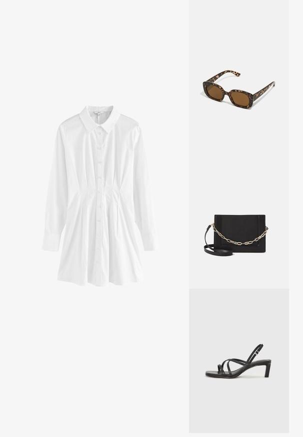 Weißes Hemd mit Knopfleiste und Kragen, langen Ärmeln und gefältelten Details an den Seiten. Hergestellt aus leichtem Stoff mit glatter Textur.; Schwarze Sandale mit Riemchen, quadratischer Zehenform und niedrigem Blockabsatz. Verfügt über mehrere dünne Riemen und einen verstellbaren Knöchelriemen. Hergestellt aus glattem Leder.; Schildpatt-Sonnenbrille mit einem runden, klobigen Rahmen und braunen Gläsern. Verfügt über dezente Muster und gerade, zulaufende Bügel.; Schwarze Leder-Crossbody-Tasche mit glatter Textur, rechteckiger Form und metallic-kettendetail auf der Vorderseite. Verstellbarer Gurt inklusive.
