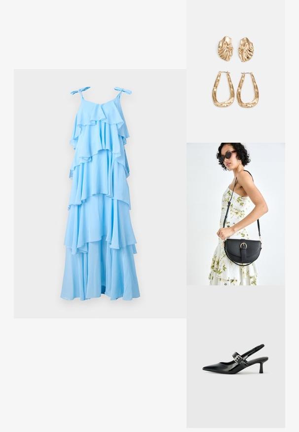 Vestido maxi azul céu com volantes em camadas, alças ajustáveis e uma silhueta fluida. Feito de um tecido leve com uma textura suave.; Saltos slingback em verniz preto com bico pontiagudo e um pequeno salto bloco, apresentando um detalhe de fivela prateada na tira.; Bolsa de couro preta com forma curva, alça destacável e detalhes em dourado. A bolsa possui uma aba com detalhe de fivela.; Brincos em tom de ouro com formas onduladas e texturizadas. Inclui studs escultóricos com presilha e um design de argola aberta com um acabamento martelado.