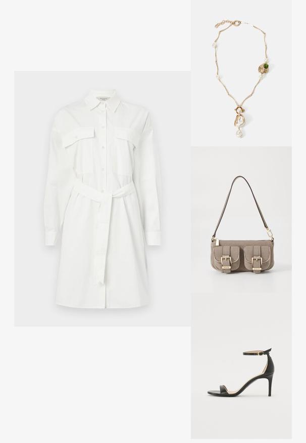 White shirt dress made of cotton, featuring a collar, two chest pockets, long sleeves, and a belt at the waist for cinching.; Black leather high-heeled sandal with an ankle strap. Features a smooth texture, open toe, and a thin heel. Gold-toned buckle detail.; Beige textured handbag with adjustable strap, two front pockets secured by buckles, and gold hardware accents. Zipper closure at the top.; Gold-tone necklace with twisted links, white pearls, and a green stone accent. Features intricate details and a clasp for fastening.