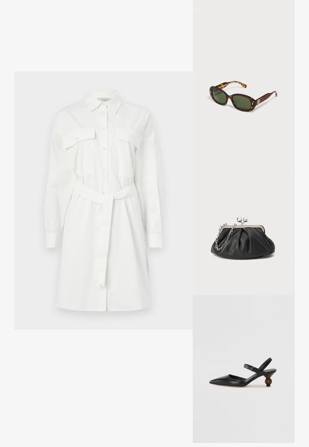 Bílé šaty z bavlny se stolovým límečkem, dvěma náprsními kapsami, dlouhými rukávy a páskem v pase pro stažení.; Černé kožené sandály s úzkým páskem kolem kotníku, špičatou špičkou, zakřiveným designem a kulatým podpatkem připomínajícím dřevo.; Želvovinové sluneční brýle se zelenými čočkami, oválného tvaru, s pozlaceným logem na boku a hladkým lesklým povrchem.; Černá kožená kabelka s nabíranou texturou, stříbrný kovový rám, uzávěr na klips a řetízkový popruh. Hladký, jemný povrch.