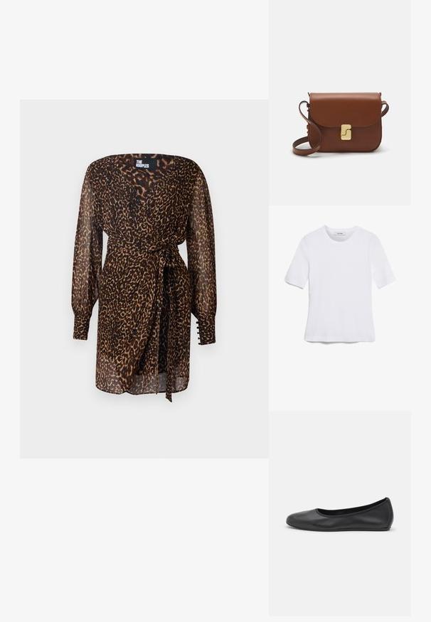 Šaty s leopardím vzorem z průsvitné látky. Dlouhé nabírané rukávy s knoflíkovými akcenty. Zavinovací design s páskem v oblasti pasu. Hnědá a černá barevná schémata.; Bílá tričko s krátkým rukávem vyrobené z žebrované tkaniny. Kulatý výstřih, normální střih a jemné detaily šití. Bez vzorů nebo grafik.; Černé kožené baletní byty s kulatou špičkou, hladkou texturou, minimálními švy a flexibilním designem podrážky.; Hnědá kožená kabelka s klopou, zlatými kovovými detaily, ramenním popruhem a hladkým povrchem. Kompaktní obdélníkový tvar.