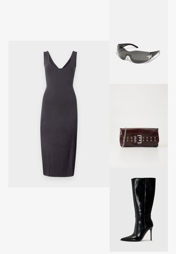Donkergrijze geribbelde midi-jurk met een diepe V-hals, mouwloos ontwerp en een aansluitende pasvorm die tot halverwege de kuit reikt.; Zwarte leren kniehoge laarzen met een spitse neus en hoge stiletto hak. Soepele textuur en strak ontwerp, met minimale detailing.; Zwarte zonnebril met een wrap-around ontwerp, donkergetinte glazen, glanzende stervormige accenten en verstelbare neussteunen.; Bordeaux faux leren clutch met een zilveren kettinghengsel, voorzien van een gespontwerp en metalen ogen over de voorkant voor extra detail.; Set van twaalf creolen in zilver- en goudernormen. Bevat gedraaide, gladde en textuurontwerpen in verschillende maten en afwerkingen.