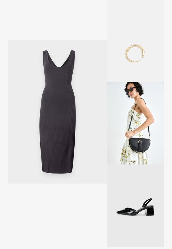 Mørkegrå ribbet midi kjole med dyb V-hals, uden ærmer og en tætsiddende silhuet, der går til midt på læggen.; Sorte patentlæder slingback hæle med spids tå og en geometrisk blok hæl. Har et elegant, minimalistisk design og en glat tekstur.; Sort læderhåndtaske med en buet form, aftagelig rem og guldfinish. Tasken har en klap med en spænde detalje.; Guld-tone ring med et organisk, snoet design, glat overflade og affasede ender, hvilket skaber et moderne, skulpturelt udseende.
