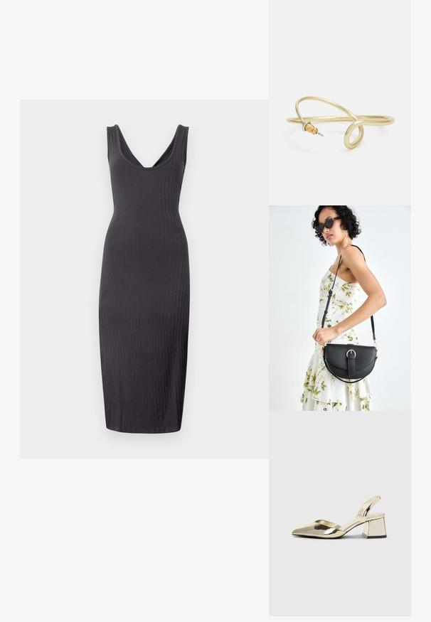 Temno siva rebrasta midi obleka z globokim V-izrezom, brez rokavov in prilegajočim silhueto, ki sega do sredine meč.; Zlati, kovinski slingback čeveljci z ostrim nosom in masivnim peto. Gladka tekstura, minimalistična zasnova in ozka zanka.; Črna usnjena torbica s ukrivljeno obliko, z odstranljivo naramnico in zlatimi dodatki. Torbica ima pokrov s podrobnostmi v obliki zaponke.; Zlato obarvan kovinski zapestnica s tekočim, ukrivljenim dizajnom. Ima majhen, izstopajoč srebrn poudarek na enem koncu.