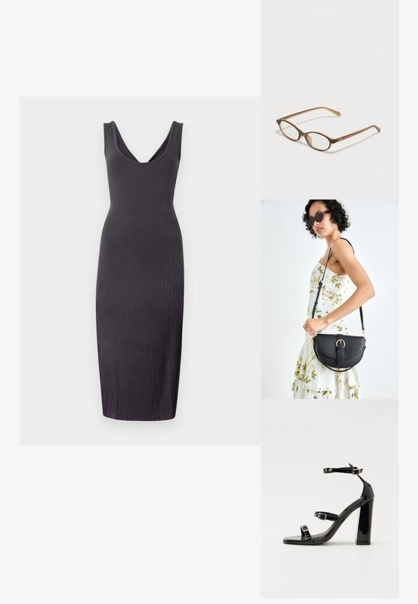 Tmavosivý rebrovaný midi šaty s hlbokým výstrihom do V, bez rukávov a priliehavým strihom, ktorý siahá po polovicu lýtok.; Čierne lakované sandále na podpätku so štvorcovou špičkou, navlečenými remienkami okolo členku a striebornými prackami. Disponujú masívnym blokovým podpätkom pre stabilitu.; Hnedé želvovinové okuliare s oválnymi sklíčkami, tenkými ramenami a priesvitnými akcentmi. Obsahujú jemný logo na stranici. Štýlový, ľahký dizajn.; Čierna kožená kabelka s zaobleným tvarom, odnímateľným popruhom a zlatými doplnkami. Kabelka má klopu s detailom s prackou.