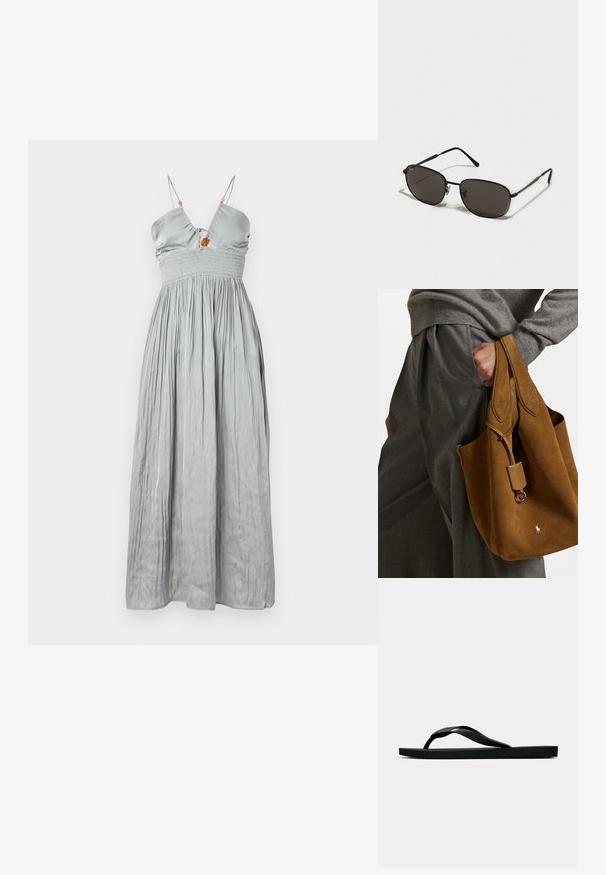 Abito in satin grigio senza maniche con corpetto aderente e vita arricciata. Presenta spalline sottili e una gonna arricciata con un dettaglio decorativo al centro.; Infradito in gomma nera con cinturino testurizzato e suola piatta semplice, mostrati di lato su uno sfondo chiaro e uniforme.; Occhiali da sole neri in metallo con montatura ovale, lenti scure, aste sottili e un logo discreto sulla lente sinistra. Design elegante e minimalista.; Borsa a tracolla in suede marrone con forma arrotondata, doppi manici e un accento in metallo. Presenta un piccolo logo sul davanti.