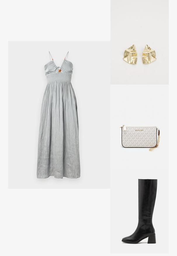 Sleeveless gray satin dress with a fitted bodice and smocked waist. Features thin straps and a gathered skirt with a decorative center detail.; ONLY SHOES ONLBIJOU KNEE HIGH BOOT - Boots - black; Michael Kors wristlet in beige coated canvas featuring a repeating MK logo pattern, gold hardware, and a detachable chain strap.; Gold metallic earrings with a wavy design; smooth, reflective surface; asymmetric shape; no visible patterns or hardware.
