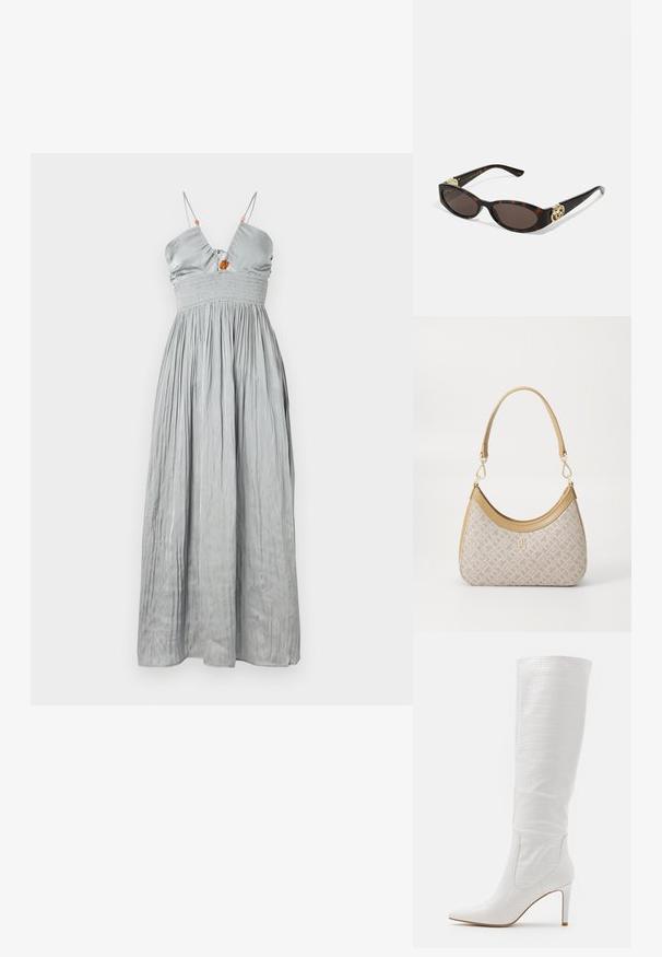 Vestido de satén gris sin mangas con un corsé ajustado y cintura fruncida. Presenta tirantes finos y una falda recoplada con un detalle decorativo en el centro.; RAID TRIBUTE - Botas de tacón - white; Gafas de sol carey con lentes ovalados alargados, tintado marrón, acentos de logo dorado en las patillas y brazos negros elegantes.; Bolso de mano beige con un patrón y forma curva, acentos de cuero y un logo tono dorado en la parte frontal. Cuenta con un asa corta para un fácil transporte.; Anillos retorcidos en tono dorado apilados juntos, con un diseño texturizado y bordes suaves y curvos, creando una apariencia orgánica y fluida.