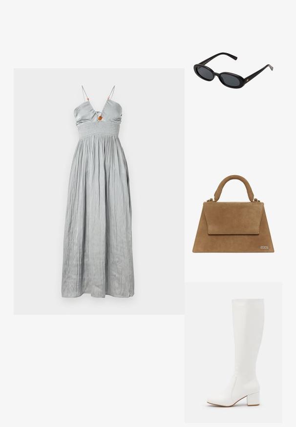 Mouwloze grijze satijnen jurk met een aansluitende bodice en een smocktail. Kenmerkt zich door dunne bandjes en een geplooide rok met een decoratief centrumdetail.; Witte kniehoge laarzen met een gladde, glanzende afwerking. Vierkante blokhak en subtiele stikseldetails langs de zijkant.; Zwarte oversized zonnebril met ovale lenzen, een glad plastic montuur en gouden accenten op de pootjes. Donkere lenzen bieden bescherming tegen de zon.; Bruin suède handtas met een gestructureerde driehoekige vorm, een handvat aan de bovenkant en een klepsluiting. Kenmerkt subtiele logo-details aan de zijkant.