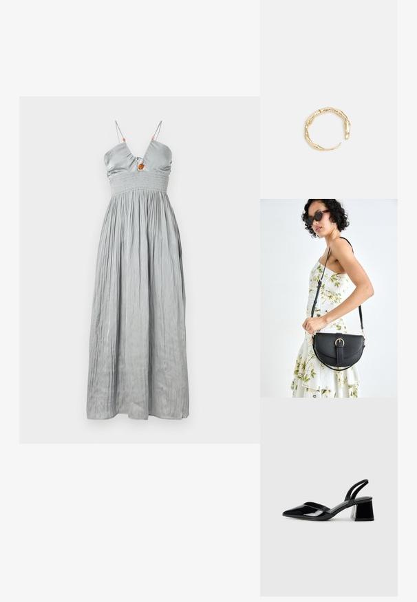 Robe sans manches en satin gris avec un corsage ajusté et une taille froncée. Elle possède des fines bretelles et une jupe froncée avec un détail central décoratif.; Escarpins en cuir verni noir avec bout pointu et talon bloc géométrique. Présente un design élégant et minimaliste ainsi qu'une texture lisse.; Sac à main en cuir noir avec une forme courbée, bandoulière amovible et des accessoires en or. Le sac est doté d'un rabat avec un détail de boucle.; Bague en or ornée d'un design organique et torsadé, avec une texture lisse et des extrémités effilées, créant une apparence moderne et sculpturale.