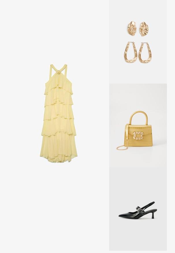Rumena večslojna obleka z nabranimi tasmi, z naramnicami in z vozlom na hrbtni strani. Narejena iz lahkotnega, tekočega blaga.; Črne patent usnjene slingback pete s koničastim nosom in majhnim blok peto, ki vključujejo srebrno zaponko na traku.; Rumeno usnjeno-usnje z vzorcem krokodila, s strukturiranim dizajnom, zgornjo ročajem, snemljivo verižico in dekorativnim kristalnim okrasjem na zaponki.; Zlato obarvani uhani z teksturiranimi, valovitimi oblikami. Vključujejo skulpturalne sponke za ušesa in odprto obliko obročka s kladivastim finišem.