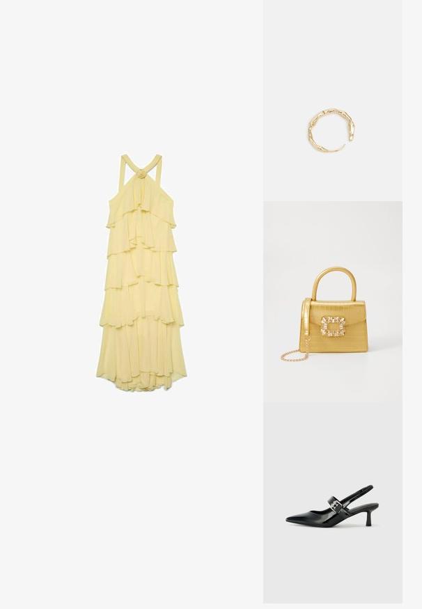 Žlté vrstvené šaty s riasenými spodkami, tenkými ramienkami a uzlovým akcentom na zadnej strane. Vyrobené z ľahkej, prúdivo textílie.; Čierne patentové kožené sandále na podpätku so špicatou špičkou a malým blokovým podpätkom, s dekoratívnou striebornou sponou na remienku.; Žltá falošná krokodília kabelka so štruktúrovaným dizajnom, horným držadlom, odnímateľným reťazovým popruhom a dekoratívnym kryštálovým ozdobením na zapínaní.; Prsteň v zlatej farbe s organickým, skrúteným dizajnom, hladkým povrchom a zužujúcimi sa koncami, vytvárajúci moderný, sochársky vzhľad.