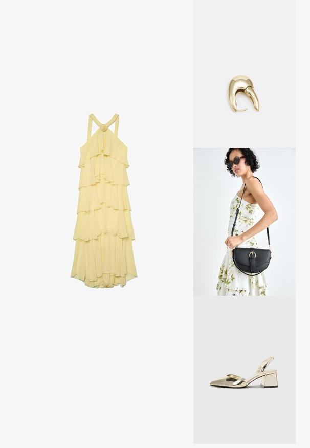 Żółta warstwowa sukienka z falbanami, ramiączkami na spaghetti i wiązaniem z tyłu. Wykonana z lekkiego, zwiewnego materiału.; Złote, metaliczne szpilki z boku z wydłużonym noskiem i grubym obcasem. Gładka faktura, minimalistyczny design i wąski pasek.; Czarna skórzana torebka o zakrzywionym kształcie, z odpinanym paskiem i złotymi akcentami. Torebka posiada klapę z zapięciem w kształcie klamry.; Złote metalowe kolczyki o eleganckim, zakrzywionym kształcie. Posiadają charakterystyczny szpiczasty kształt, polerowaną powierzchnię oraz zapięcie na zawias.
