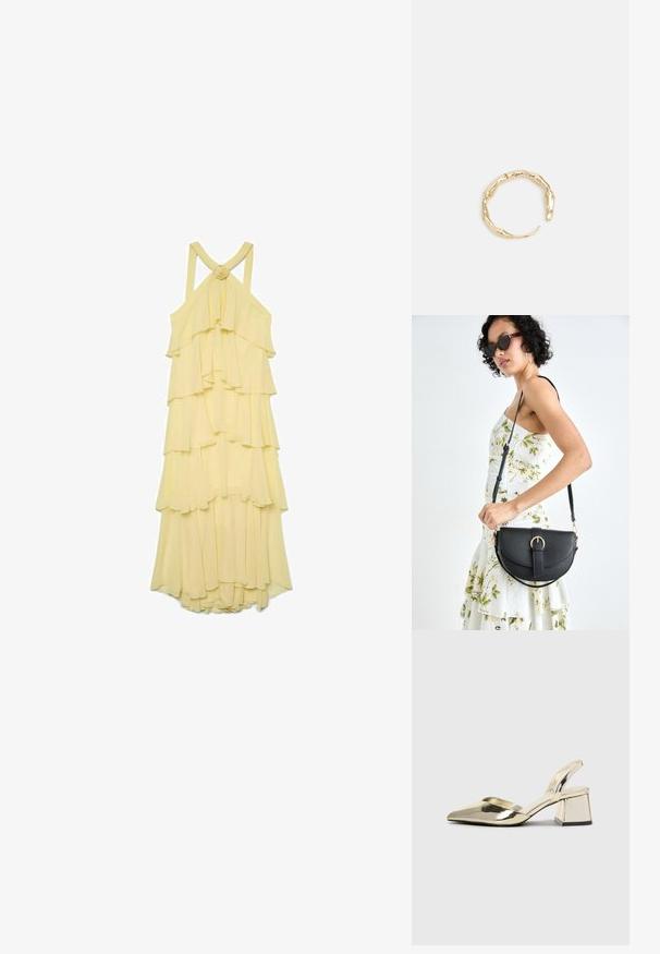 Kollane kihiline kleit, millel on rippuvad kihid, spagetti õlapaelad ja sõlme aksent seljal. Valmistatud kergest ja voogavast kangast.; Kuldne, metallilised slingback-kudumid terava varba ja paksu kontsaga. Sile tekstuur, minimalistlik disain ja kitsas rihm.; Mustmust mustraha kõverate joontega, eemaldatava rihmaga ja kuldsete detailidega. Kotil on klapp, millel on pandladetail.; Kuldtoonis sõrmus, millel on orgaaniline, keerdunud disain sileda tekstuuri ja kitsenevate otstega, luues kaasaegse skulptuurilise välimuse.