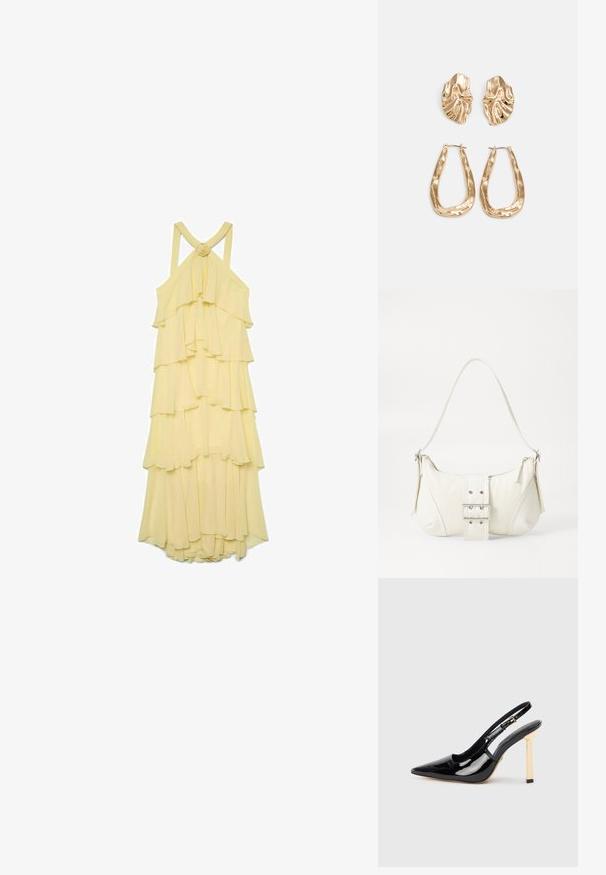Gul lagdelt kjole med volanger, spaghetti-stropper og en knyttet detalje bagpå. Lavet af letvægts, flydende stof.; Sort patentlæder slingback højhælede sko med spids tå og guldtonet firkantet hæl-accent. Har justerbar ankelrem.; Hvid skuldertaske med en tekstureret overflade, et centralt spænde og en buet form. Lynlåslukninger på begge sider.; Guldtonede øreringe med teksturerede, bølgede former. Inkluderer skulpturelle clips og en åben ringdesign med en hamret finish.