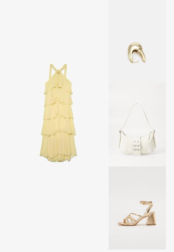 Žluté vrstvené šaty s volánkovými řadami, tenkými ramínky a uzlovým detailem na zadní straně. Vyrobeno z lehkého, splývavého materiálu.; Zlaté metalické sandály na podpatku s páskovým designem, čtvercovým blokovým podpatkem a nastavitelným kotníkovým popruhem se sponou. Hladký povrch.; Bílá kabelka na rameno s texturovaným povrchem, centrálním akcentem v podobě spony a zakřiveným tvarem. Zipové uzávěry na obou stranách.; Náušnice ve zlatém tónu z kovu s elegantním zakřiveným designem. Vyznačují se jedinečným špičatým tvarem, lesklým povrchem a závěsem na kloub.