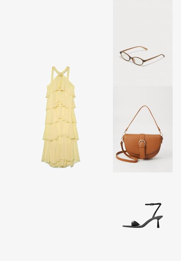 Sárga réteges ruha fodros szegélyekkel, spagetti pántokkal és hátsó csomózott díszítéssel. Könnyű, folyó anyagból készült.; Bershka Magas sarkú szandálok - black; Barna teknős páncélmintás szemüveg, ovális lencsékkel, vékony szárakkal és átlátszó részletekkel. A templomon diszkrét logó található. Elegáns, könnyű dizájn.; Barna bőr keresztbody táska ívelt formával, aranyszínű fémrészekkel és csat díszítéssel. Levehető vállpánttal rendelkezik.