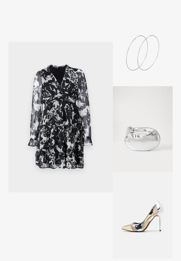 Crna i bijela cvjetna haljina s dugim rukavima, nabranim detaljima, dubokim V-izrezom i višeslojnim, tiered dizajnom suknje. Izrađena od lagane tkanine.; Cipele s visokom potpeticom i špicastim vrhom u srebrnoj, zlatnoj i nude boji. Sjajan finiš s izrezbarenim dizajnom, s potpeticom u obliku stiletto.; Srebrna metalik torbica s mekim, zaobljenim oblikom i čvorastim zatvaranjem na vrhu. Izrađena od glatke sintetičke kože.; Srebrne okrugle naušnice s minimalističkim dizajnom. Kružni oblik, glatka tekstura i tanak profil. Lagane s poliranim završetkom.