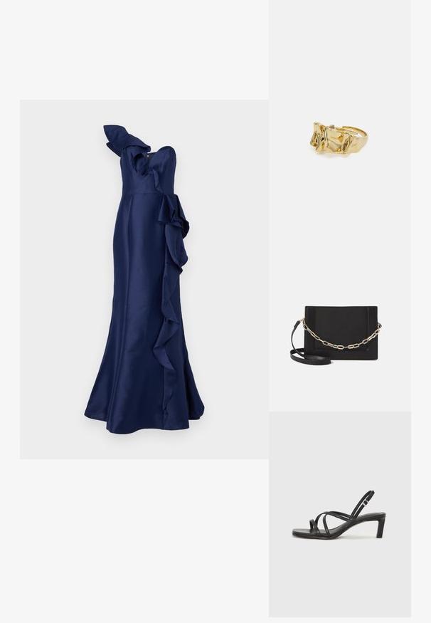 Marchesa Notte Oblačila za posebne priložnosti - navy; Črne natikače s trakovi in kvadratnim prstom ter nizkim blokastim peto. Imajo več tankih trakov in nastavljiv trak okoli gležnja. Narejene so iz gladkega usnja.; Črna usnjena torba čez ramo z gladko teksturo, pravokotno obliko in kovinskim verižnim detajlom spredaj. Vključena je nastavljiva naramnica.; Zlati prstan z teksturiranim, valovitim dizajnom, ki ima tri izrazite vrhove. Gladka, sijoča površina z odprtim pasom za prilagodljivo prileganje.