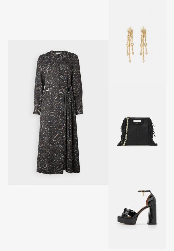 Juoda suknelė ilgomis rankovėmis, su daugiaspalviu abstrakčiu raštu, mygtukais priekyje ir šoniniu siejimu. Pagaminta iš lygaus, lengvo audinio.; Maje Aukštakulniai sandalai - noir; Juodas odinis rankų darbo rankinys su frinzuotomis detalėmis, auksine grandinės petneša ir išpjauto dizaino rankena. Pirmoje pusėje yra logotipo vieta.; Aukso spalvos auskarai su keliais kaskadiniais grandinėlėmis, su skaidriais ovaliais kristalų akcentais ir dekoratyviniais auskarų priekiais.