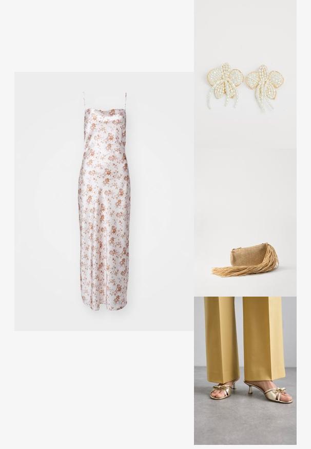 Siidine lilleline kleit, millel on õhukesed rihmad, sobiv siluett ja pehme roosa taust pruunide lillemusteritega. Põrandani ulatuv disain.; Stuart Weitzman FELICITY BOW SLIDE - Kontsaga tagant lahtised kingad - platino; Cult Gaia VIERA - Väike käekott - natural; Pärliõie kõrvarõngad kuldsete aktsentidega. Iga õieleht sisaldab väikeseid ümmarguseid pärleid, mis on paigutatud lillemustrisse, koos tilkuvate pärlite detailidega.