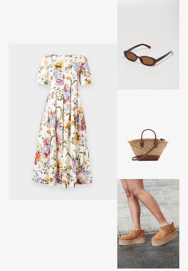 Korte mouwen jurk met bloemenpatroon; heeft een witte achtergrond met kleurrijke bloemen in roze, geel en blauw; geplooide rokontwerp.; Bruine suède enkelboots met een zachte voering, dikke beige plateauzool en een achterste lus. Getextureerde oppervlakte met zichtbare stiksels.; Ronde, bruin getinte zonnebril met een glanzend bordeauxrood frame. Slanke pootjes met subtiele merkdetails. Vlakke lensontwerp.; Geweven rieten tas met bruin lederen accenten, twee handvatten en een afneembare schouderband. Gebogen vorm met een stevige basis.