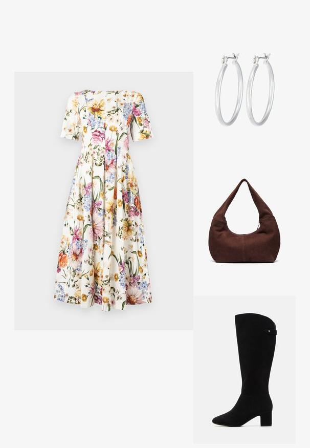 Lillelille mustriga kleit lühikeste varrukatega; valgel taustal on värvilised õitseed roosa, kollase ja sinise värviga; volangidega seelik.; Mustad sametist kõrge varrega saapad, millel on terav nina ja ploki konts. Omavad sujuvat tekstuuri ja lihtsat disaini, lisatud külgrihmaga aktsent.; Pruuni nahkhiirekott, millega on kaasas kumer ja lai käepide ning suur avaus. Pehme tekstuuriga, mille servadel on nähtavad õmblustähed.; Hõbedased rõngaskõrvarõngad, millel on sile, läikiv viimistlus. Ümmargune kuju ja turvaline klõpsulatus. Kerge disain, sobib igapäevaseks kandmiseks.