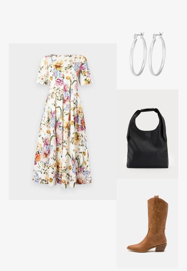 Kvetinové vzorované šaty s krátkymi rukávmi; majú biely podklad s farebnými kvetmi v ružovej, žltej a modrej farbe; sukňa s plisovaním.; Hnedé kožené kovbojské topánky s špicatou špičkou, vyšívanými vírivkami na štýle a blokovým podpätkom. Obsahuje praktický pútko na ľahké obúvanie.; Čierna kožená hobo taška s jedným mäkkým, zaobleným uchom; má hladkú textúru a minimalistický dizajn. Žiadne viditeľné kovanie ani akcenty.; Strieborné kruhové náušnice s hladkým, lesklým povrchom. Kolový tvar a bezpečné klikanie na uzatváranie. Ľahký dizajn vhodný na každodenné nosenie.