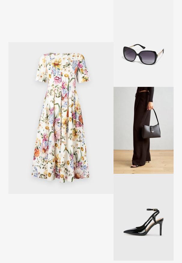 Robe à motif floral avec des manches courtes ; présente un fond blanc avec des fleurs colorées en rose, jaune et bleu ; design de jupe plissée.; Escarpin en cuir verni noir à talon haut, avec un bout pointu, une bride réglable à la cheville et des côtés ouverts. Texture lisse.; Lunettes de soleil noires surdimensionnées avec des verres dégradés, monture épaisse et détails en chaîne dorée sur les branches.; Sac à main noir à la forme structurée, texture lisse et fermoir métallique. Associé à un pantalon noir ample et des sandales ouvertes sur un sol en bois.
