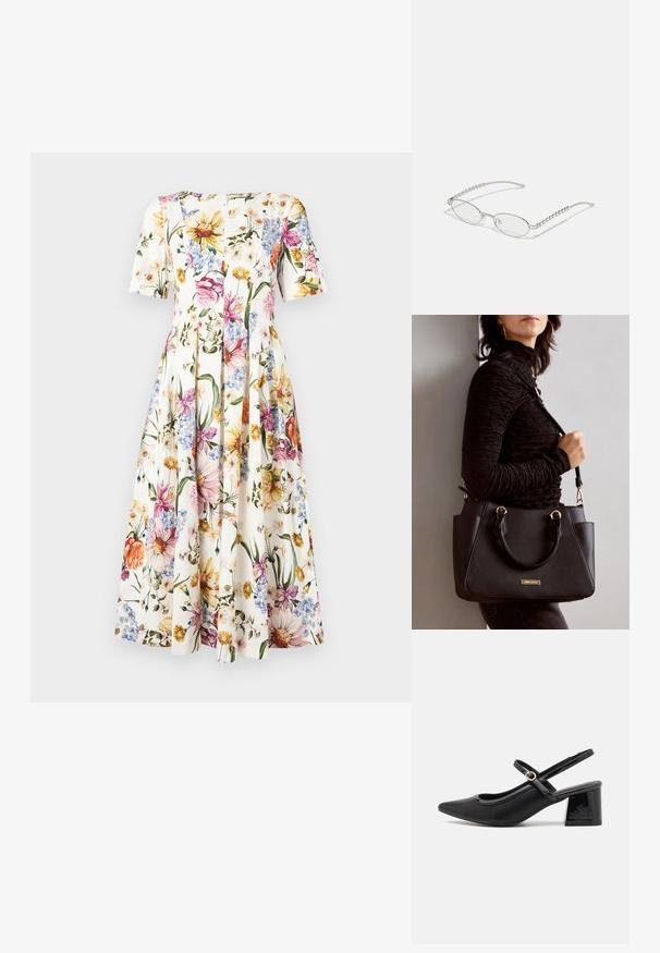 Robe à motif floral avec des manches courtes ; présente un fond blanc avec des fleurs colorées en rose, jaune et bleu ; design de jupe plissée.; Escarpins slingback en cuir verni noir avec un embout pointu, un design à découpes arrondies et un talon carré. Présente un accent de boucle en ton doré.; Lunettes ovales avec une monture métallique argentée, verres transparents et accents de branches texturées avec perles. Design léger avec des branches courbées.; Sac à main noir avec surface texturée, deux poignées supérieures et bandoulière réglable. Doté de quincaillerie dorée et de poches latérales.