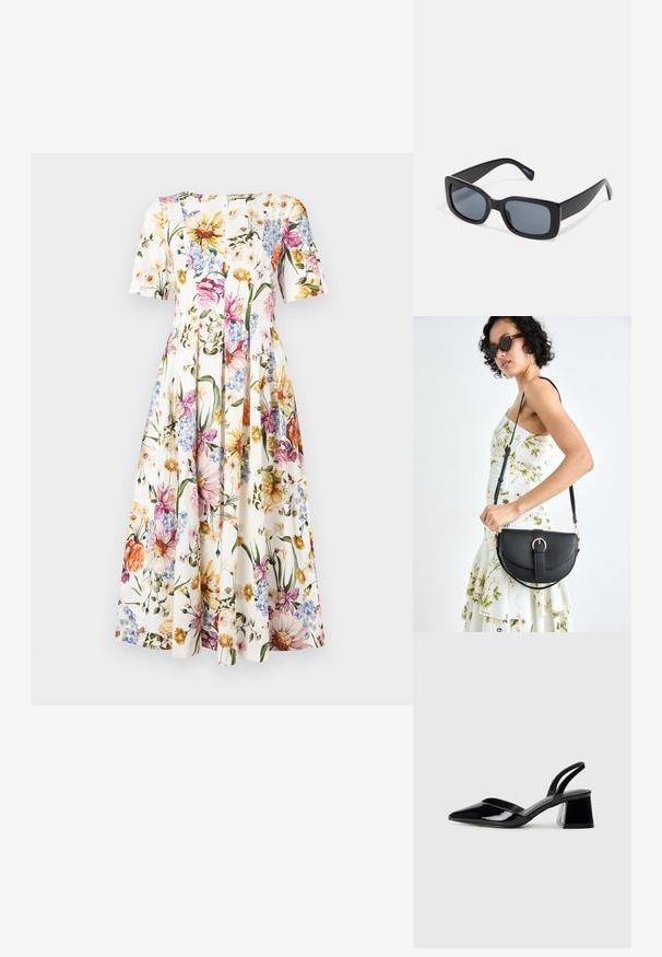 Ziedu raksta kleita ar īsām piedurknēm; ar baltu fona un krāsainiem ziediem rozā, dzeltenā un zilā krāsā; plisēta svārku dizains.; Melna lakota āda ar atvērto papēdi, ar smailu purngalu un ģeometrisku blokpapēdi. Iezīmējas elegants, minimāls dizains un gluda tekstūra.; Melni taisnstūra saulesbrilles ar tumšiem tonētiem stikliem, biezs plastmasas rāmis un plaši tempļi. Gluda virsma un stūrainais dizains.; Melnas ādas rokassoma ar izliekta formu, noņemamu siksnu un zelta aksesuāriem. Somai ir vāciņš ar sprādzes detaļu.