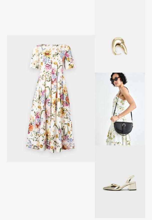 Blommönstrad klänning med korta ärmar; har en vit bakgrund med färgglada blommor i rosa, gult och blått; pliserad kjoldesign.; Guld, metalliska slingback-klackar med spetsig tå och chunky klack. Slät textur, minimalistisk design och en smal rem.; Svart läderhandväska med en böjd form, avtagbar rem och guldiga detaljer. Väskan har ett lock med en spänndetalj.; Örhänge i guldtonad metall med en elegant, böjd design. Har en distinkt spetsig form, polerad yta och gångjärnslås.