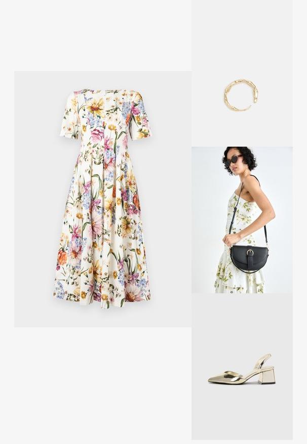 Vestido con un patrón floral y mangas cortas; presenta un fondo blanco con coloridas flores en tonos rosa, amarillo y azul; diseño de falda plisada.; Tacones slingback metálicos dorados con punta afilada y tacón grueso. Textura suave, diseño minimalista y una correa estrecha.; Bolso de piel negra con forma curva, correa desmontable y herrajes dorados. El bolso cuenta con una solapa con un detalle de hebilla.; Anillo en tono dorado con un diseño orgánico y retorcido, con una textura suave y extremos cónicos, creando una apariencia moderna y escultórica.