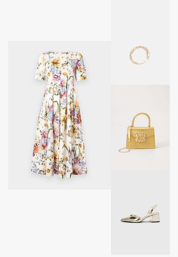 Floral pattern dress with short sleeves; features a white background with colorful blooms in pink, yellow, and blue; pleated skirt design.; Gold, metallic slingback heels with a pointed toe and chunky heel. Smooth texture, minimalistic design, and a narrow strap.; Yellow faux-crocodile handbag with a structured design, top handle, detachable chain strap, and decorative crystal embellishment on the clasp.; Gold-tone ring featuring an organic, twisted design with smooth texture and tapered ends, creating a modern, sculptural appearance.