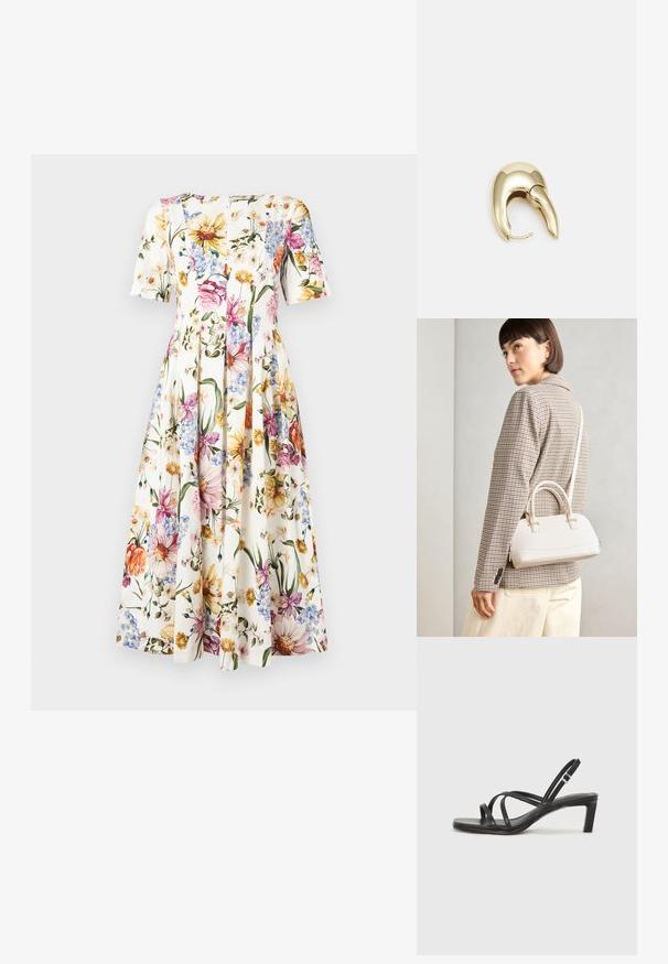 Blomster mønster kjole med korte ærmer; har en hvid baggrund med farverige blomster i pink, gul og blå; plisseret nederdel design.; Sort remsandale med firkantet tå og en lav blokeret hæl. Har flere tynde stropper og en justerbar ankelrem. Fremstillet af glat læder.; Hvid struktureret taske med korte håndtag og en skulderrem, prydet med guldfarvede hardwaredetaljer og tekstureret materiale, præsenteret mod en grå baggrund.; Guldtonet metal ørering med et slankt, buet design. Har en karakteristisk spids form, poleret overflade og hængselåbning.
