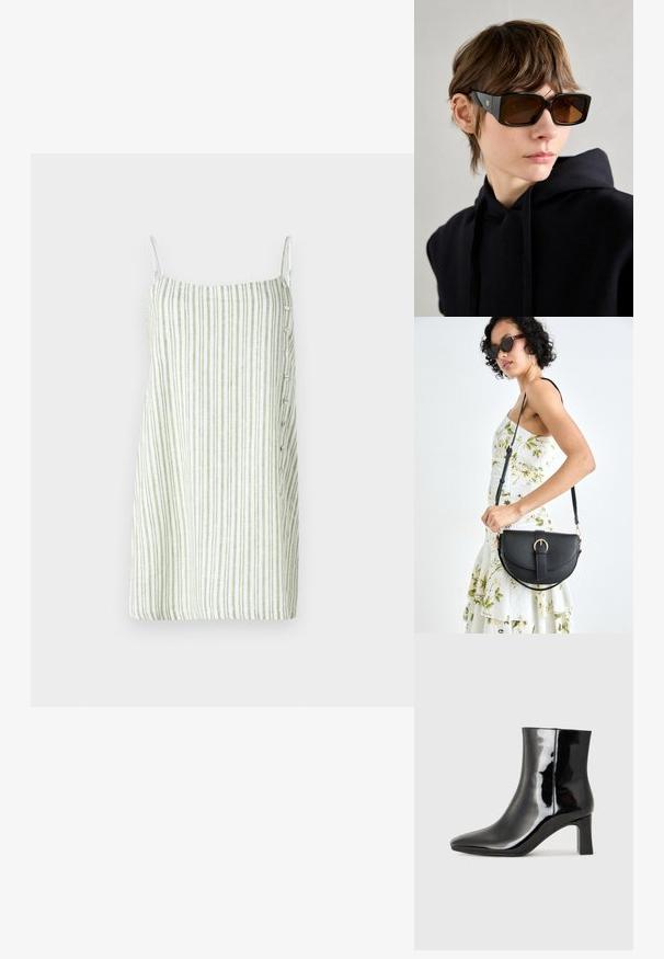 Pruhované bezramínkové šaty v bílé a zelené barvě, s přímým střihem, texturou podobnou lnu a knoflíkovým zdobením na boku.; Černé lakované kotníkové boty s špičatou špičkou a středně vysokým blokovým podpatkem. Hladká textura a minimalistický design.; Černé oversized sluneční brýle s lesklým povrchem, obdélníkovým tvarem, hnědými skleněnými čočkami a zlatým logem na stranách.; Černá kožená kabelka s křivkovým tvarem, odnímatelným popruhem a zlatými detaily. Kabelka má klopu s přezkou.