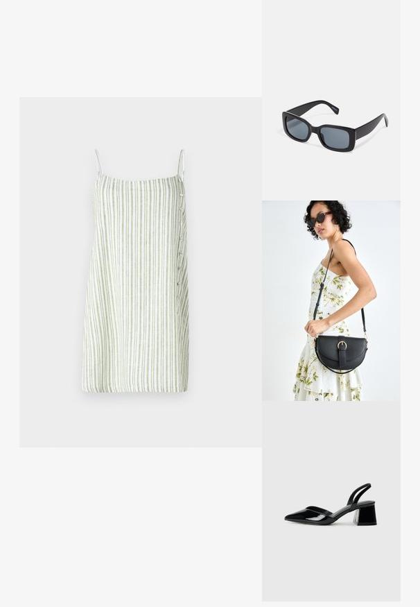 Gestreiftes ärmelloses Kleid in Weiß und Grün, mit geradem Schnitt, leinenartiger Textur und Knopfdetails an der Seite.; Schwarze Lackleder-Slingback-High Heels mit spitzem Schuh und einem geometrischen Blockabsatz. Verfügt über ein schlankes, minimalistisches Design und eine glatte Textur.; Schwarze rechteckige Sonnenbrille mit dunkel getönten Gläsern, dickem Kunstrahmen und breiten Bügeln. Glatte Oberfläche und kantiges Design.; Schwarze Lederhandtasche mit geschwungener Form, abnehmbarem Tragegurt und goldenen Beschlägen. Die Tasche verfügt über einen Deckel mit einer Schnallen-Details.