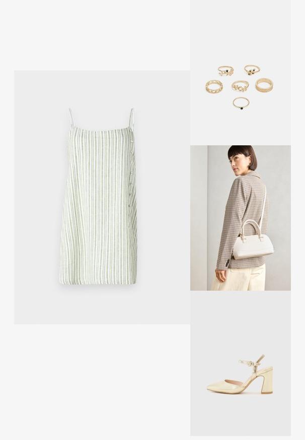 Vestido sem mangas listrado em branco e verde, com corte reto, textura semelhante ao linho e detalhes de botões na lateral.; Sapato de salto metálico dourado com bico pontiagudo, uma tira no tornozelo com fecho circular e um design de salto grosso. Textura suave.; Bolsa estruturada branca com alças curtas e uma alça de ombro, com detalhes em hardware dourado e material texturizado, exibida contra um fundo cinza.; Conjunto de seis anéis dourados com vários designs: trançados, com motivos de folhas e bandas sólidas; alguns com detalhes em pedras preciosas verdes.