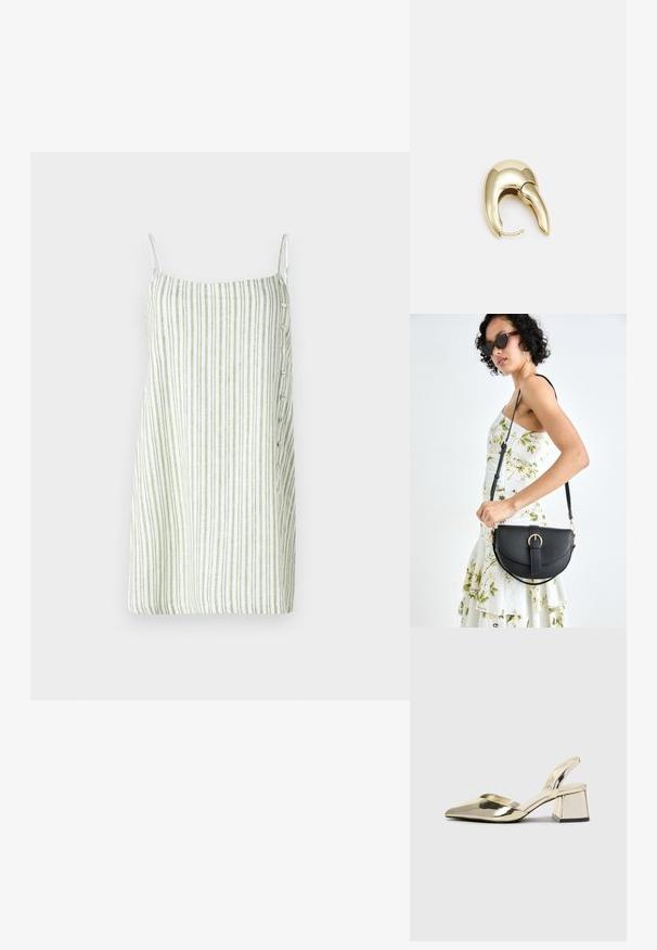Prugasta haljina bez rukava u bijeloj i zelenoj boji, s ravnim krojem, teksturom nalik lanenom, i gumbima sa strane.; Zlatni metalik slingback sandali s šiljatim vrhom i debelim potpeticama. Glatka tekstura, minimalistički dizajn i uski remen.; Crna kožna torba s lukovitim oblikom, odvojivim remenom i zlatnim detaljima. Torba ima preklop s kopčom.; Zlatne metalne naušnice s elegantnim, zakrivljenim dizajnom. Imaju karakterističan šiljast oblik, poliranu površinu i zatvaranje na šarku.